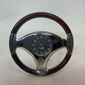 Vintage Weston Chrome and Brown Steering Wheel Desk Clock‎ 6" FLAW